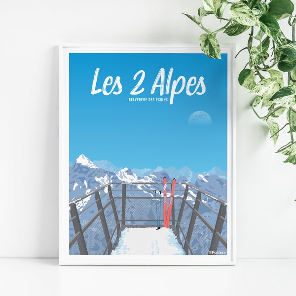 Affiche des 2 Alpes  - Massif des  Ecrins - Tableau de décoration murale - Poster Vintage