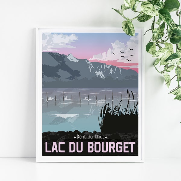 Affiche du Lac du Bourget  - Dent du Chat Savoie - Tableau de décoration murale - Poster Vintage