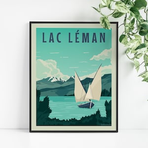 Plakat des Genfersees und der Dent d'Oche - Barque Savoie - Wanddekorationsgemälde - Vintage-Plakat