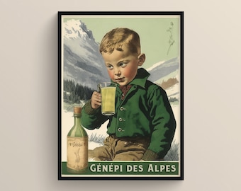 Affiche vintage du Génépi des Alpes - Décoration murale - Poster des Alpes XXème siècle