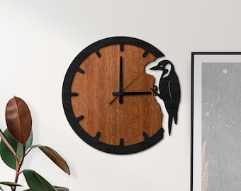 Woodpecker Wall Clock, Bird Clock, Unique Wall Clock, Nature Wall Clock, Oversized Wall Clocks, Housewarming Clock, Wood Wall Large Clock