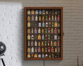 Mini Liquor Display Cabinet, Shot glass display case, Mini Bar shelf, Shotglass display shelf with door, Shooter Wall Rack Holder