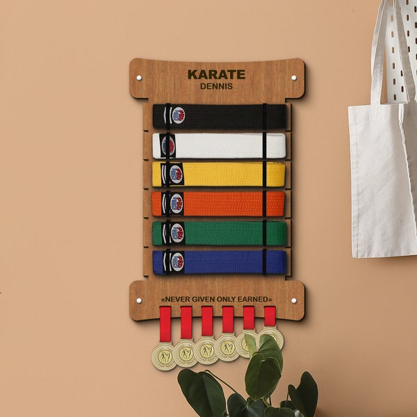 Wall Karate Belt Display Rack - 8 Belt Holder With Medal Hanger & Stickers