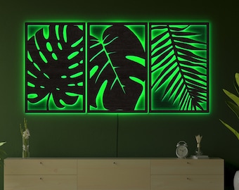 Monstera 3 panelen decor, geometrische houten muurkunst, moderne houten muurkunst, grote bladeren Monstera abstracte houten muurkunst, inheems houten muurdecor