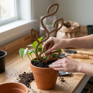 May include: A brown wooden plant trellis with a curved, organic branch-like design featuring leaf-shaped cutouts. The trellis is inserted into a terracotta pot containing a green leafy plant with soil, positioned upright for climbing support.