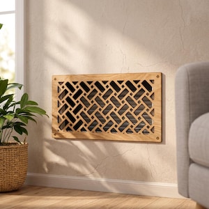 May include: A rectangular wooden air vent cover featuring a geometric basketweave pattern with small circular screw holes in each corner. The light-toned wood has a visible grain and is mounted flush against a textured wall surface.