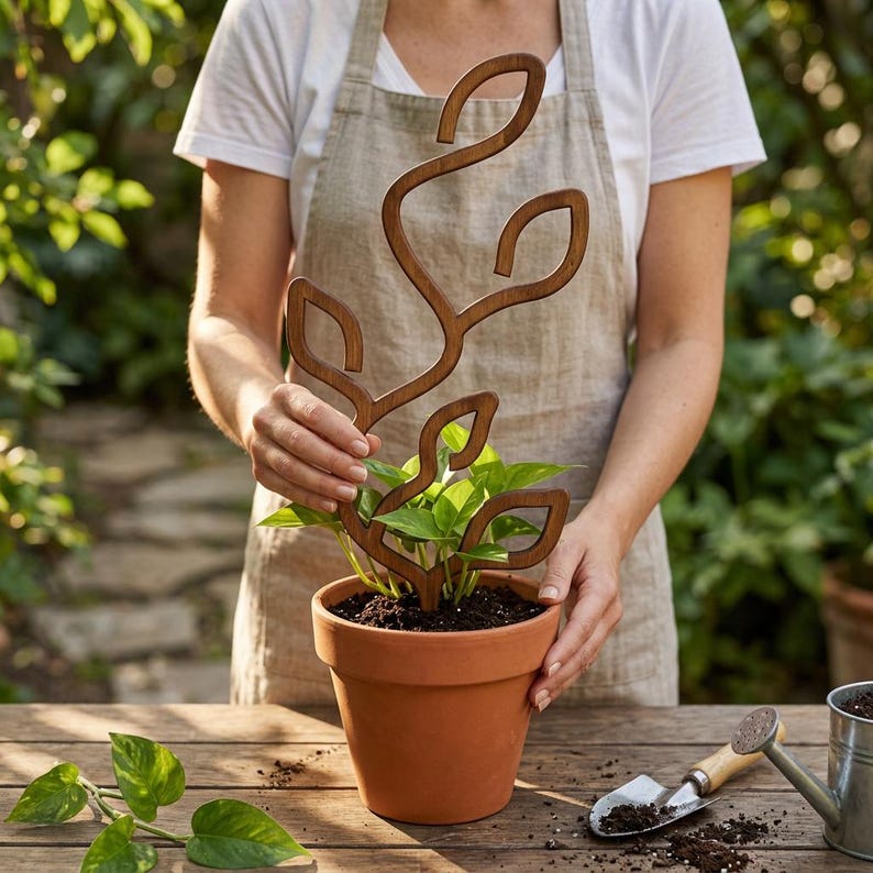 May include: A dark brown wooden plant trellis with a stylized leaf and vine design, inserted into a terracotta pot containing a green leafy plant. The trellis features a curved, organic shape with open cutouts, providing support for the plant.