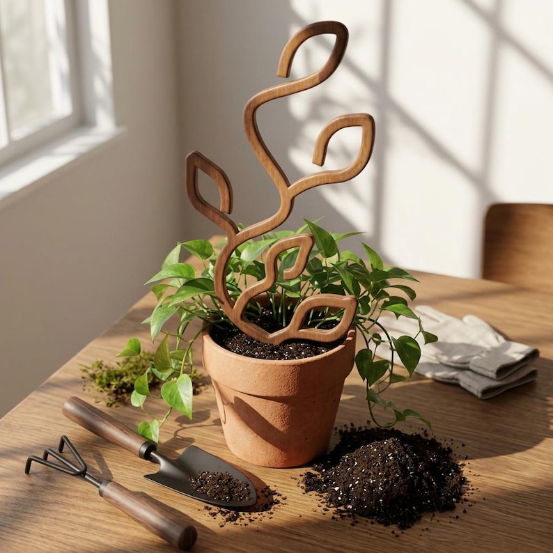 May include: A brown wooden plant trellis with a curved, vine-like design featuring leaf-shaped cutouts. The trellis is inserted into a terracotta pot containing a green leafy plant, accompanied by a small metal hand trowel and a hand rake.