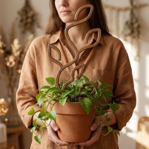 May include: A brown wooden plant trellis with a curved, organic vine-like design featuring leaf-shaped cutouts. The trellis is inserted into a terracotta-colored pot containing a green pothos plant with heart-shaped leaves and trailing vines.