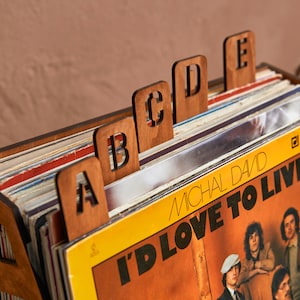 Puede incluir: Una unidad de almacenamiento de discos de vinilo de madera con divisores etiquetados de la A a la E. La unidad está llena de discos de vinilo, incluido uno con el título "I'd Love To Live" de Michal David.