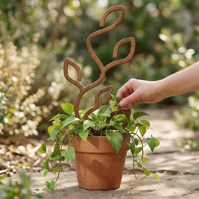 May include: A brown wooden plant trellis with a curved, organic vine-like design featuring leaf-shaped cutouts. The trellis is inserted into a terracotta-colored pot containing a green pothos plant with heart-shaped leaves and trailing vines.