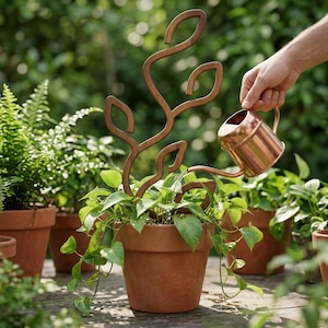 May include: A brown wooden plant trellis with a stylized leaf design placed inside a terracotta pot containing a green leafy plant. A small, metallic copper-colored watering can is positioned above the plant, pouring water onto the foliage.