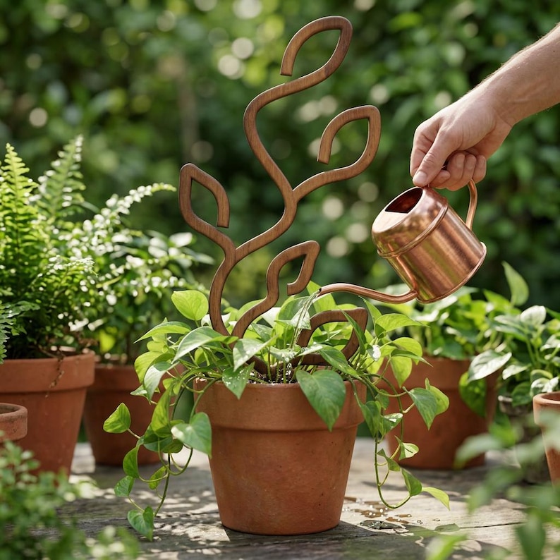 May include: A brown wooden plant trellis with a stylized leaf design placed inside a terracotta pot containing a green leafy plant. A small, metallic copper-colored watering can is positioned above the plant, pouring water onto the foliage.
