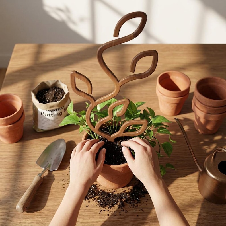 May include: A dark brown wooden plant trellis with a stylized leaf design inserted into a terracotta pot containing a green leafy plant. The setup includes a small metal trowel, a bag of potting mix, several empty terracotta pots, and a watering can.