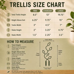 May include: A trellis size chart with text and a diagram showing measurements in inches for mini, standard, and large sizes. The chart lists total height, height above soil, trellis width, stake height, and stake width for each size category.