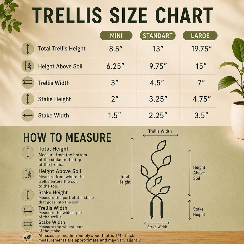 May include: A trellis size chart with text and a diagram showing measurements in inches for mini, standard, and large sizes. The chart lists total height, height above soil, trellis width, stake height, and stake width for each size category.