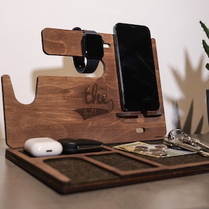 Wood phone stand, Valet tray wooden, Custom phone dockstation, Docking station, Wood desk organizer, Personalized gift for dad or husband