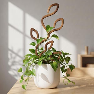 May include: A white ceramic pot containing a green pothos plant with a tall, brown, wooden plant trellis. The trellis features a curved, organic, vine-like design with several open, leaf-shaped loops that extend upward from the plant's base.
