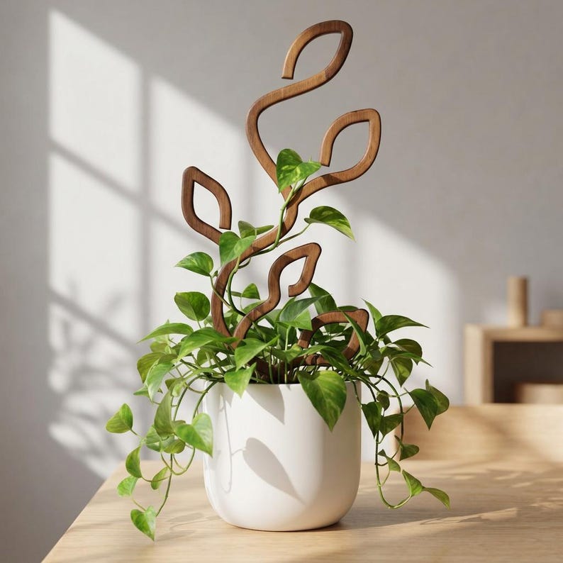 May include: A white ceramic pot containing a green pothos plant with a tall, brown, wooden plant trellis. The trellis features a curved, organic, vine-like design with several open, leaf-shaped loops that extend upward from the plant's base.