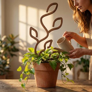 May include: A brown wooden plant trellis with a curved, organic branch-like design featuring leaf-shaped cutouts, inserted into a terracotta pot containing a green pothos plant, with a light-colored ceramic watering can pouring water.