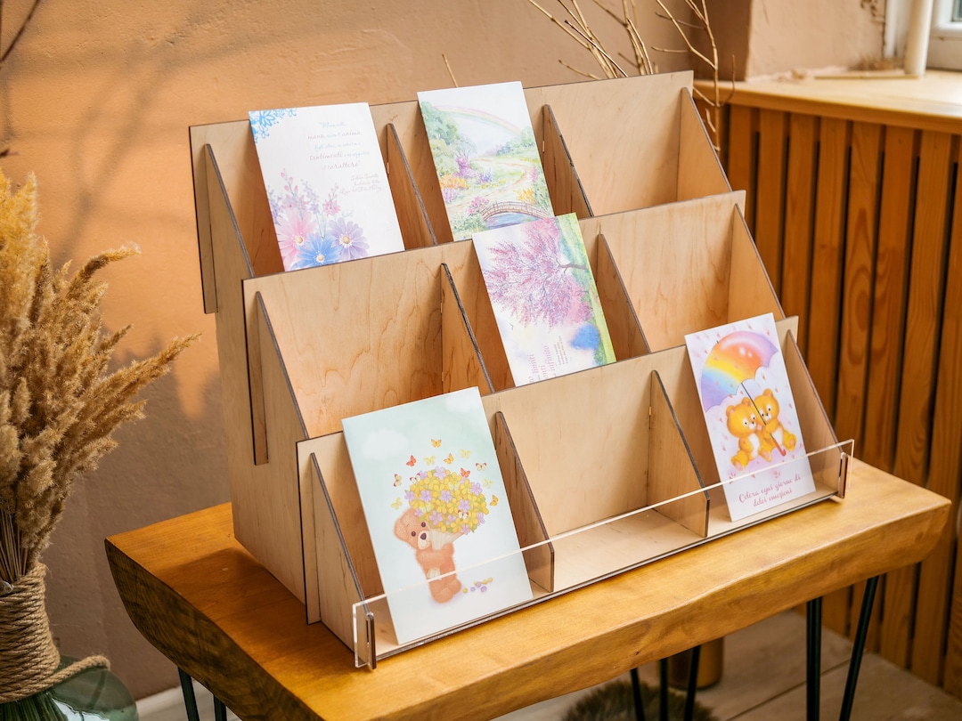 Kioriur 4-Tier Greeting Card Display Stand - Wooden Multipurpose Floor Stand For Cards, Photos & Postcards