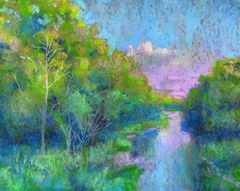 Countryside Sunset Stream Pastel Drawing