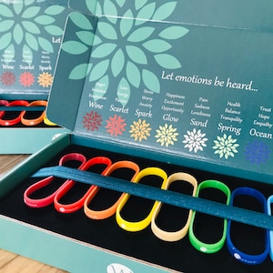 Puede incluir: Un conjunto de anillos de silicona de colores en una caja. Los anillos están dispuestos en un patrón de arcoíris y están etiquetados con palabras como "Happiness", "Hope", "Courage" y "Tranquility". La caja es azul turquesa con un diseño floral verde y las palabras "Let emotions be heard..." impresas en la parte superior.