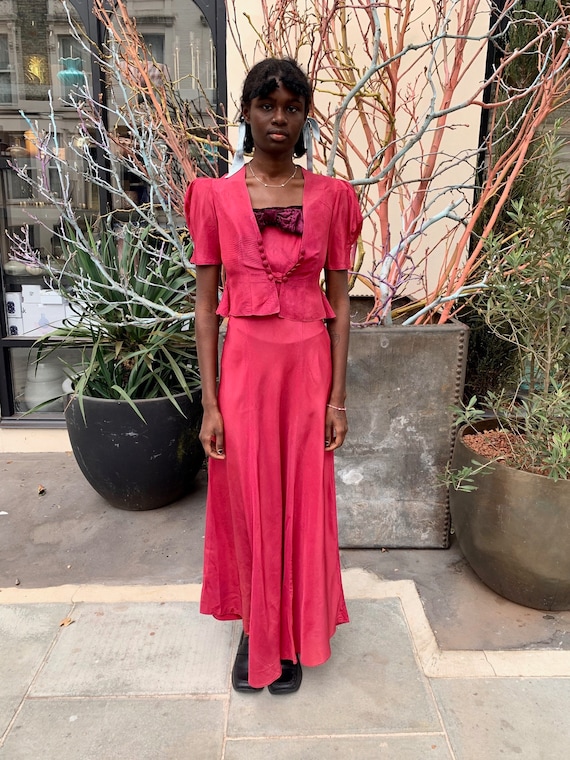 1930's Magenta Gown and Jacket with Velvet Bow