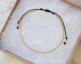 14k Gold Filler. Rose Gold Filled. SterlingSilver. 2.5mm Beaded Adjustable Black Satin String Stacking Friendship Bracelet. Gift For Her.