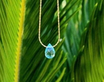 14k g.f. Aquamarine quartz faceted teardrop stone pendant on delicate dainty snake chain. Choose you length.