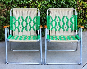 Set of 2 upcycled  macrame weaved folding chairs