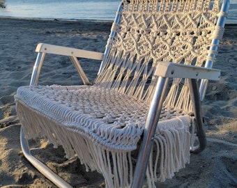 Handmade Macramé Beach Chair. Low Profile Sustainable Upcycled Aluminum Chair.