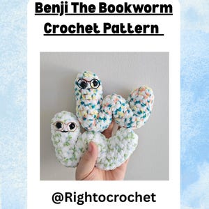 May include: A crochet pattern for a bookworm named Benji. The pattern is available on Etsy from the shop @Righttocrochet. The image shows a crocheted bookworm with glasses, made with colorful yarn.