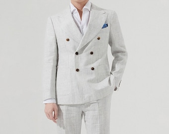 Personalized men's double breasted suits, linen two piece suit, men's blazer and pants, linen men's jacket and trousers