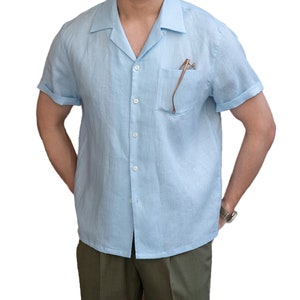 Men's 100% Linen short sleeve shirt, Linen camp collar shirts, Men's linen top, Linen T-shirt for men Blue
