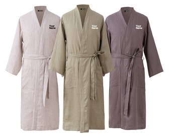 Personalized 100% Linen bathrobe for men, Men's summer bathrobes, Lightweight bathrobe, Men's spa bathrobe