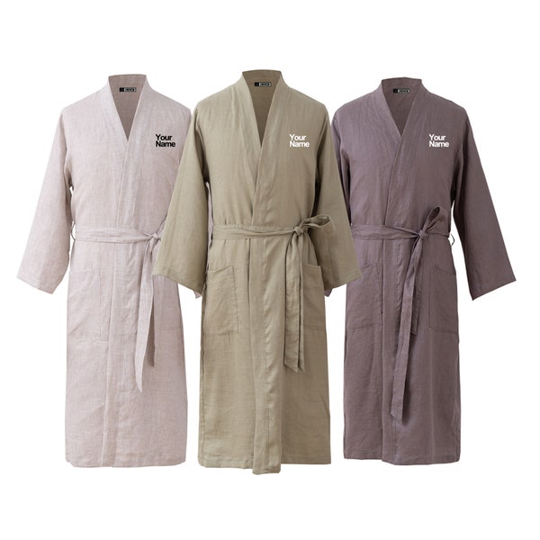 Personalized 100% Linen bathrobe for men, Men's summer bathrobes, Lightweight bathrobe, Men's spa bathrobe