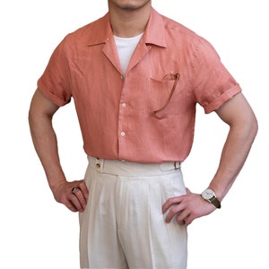 Men's 100% Linen short sleeve shirt, Linen camp collar shirts, Men's linen top, Linen T-shirt for men Salmon