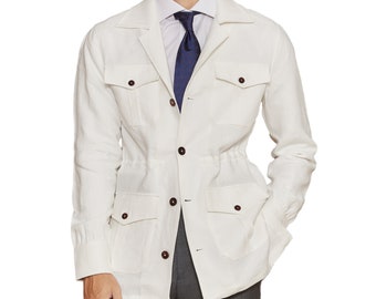 Chaqueta safari de hombre, chaqueta blanca de lino, abrigo de verano safari, abrigo de hombre de lino para verano, abrigo de cáñamo para hombre