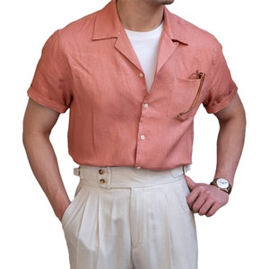 Men's 100% Linen short sleeve shirt, Linen camp collar shirts, Men's linen top, Linen T-shirt for men Salmon