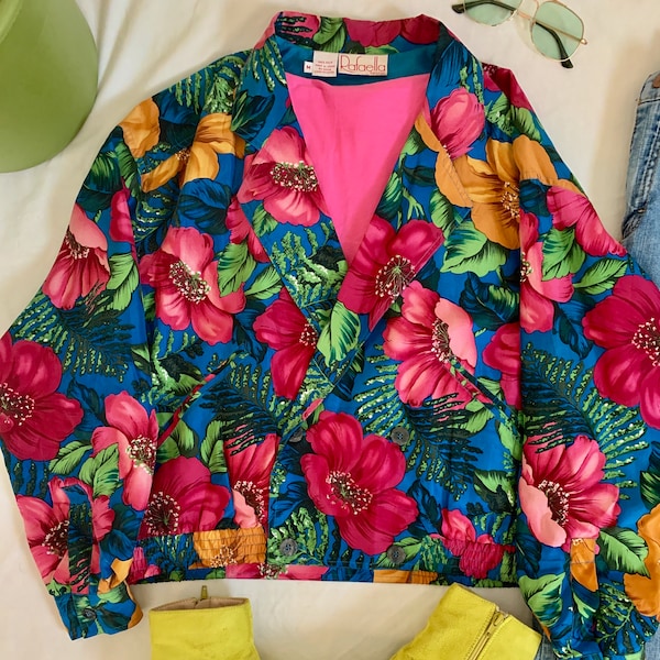 Vintage Silk Cropped Jacket w/ Vibrant Hibiscus Flower Pattern by Rafaella (Petites)