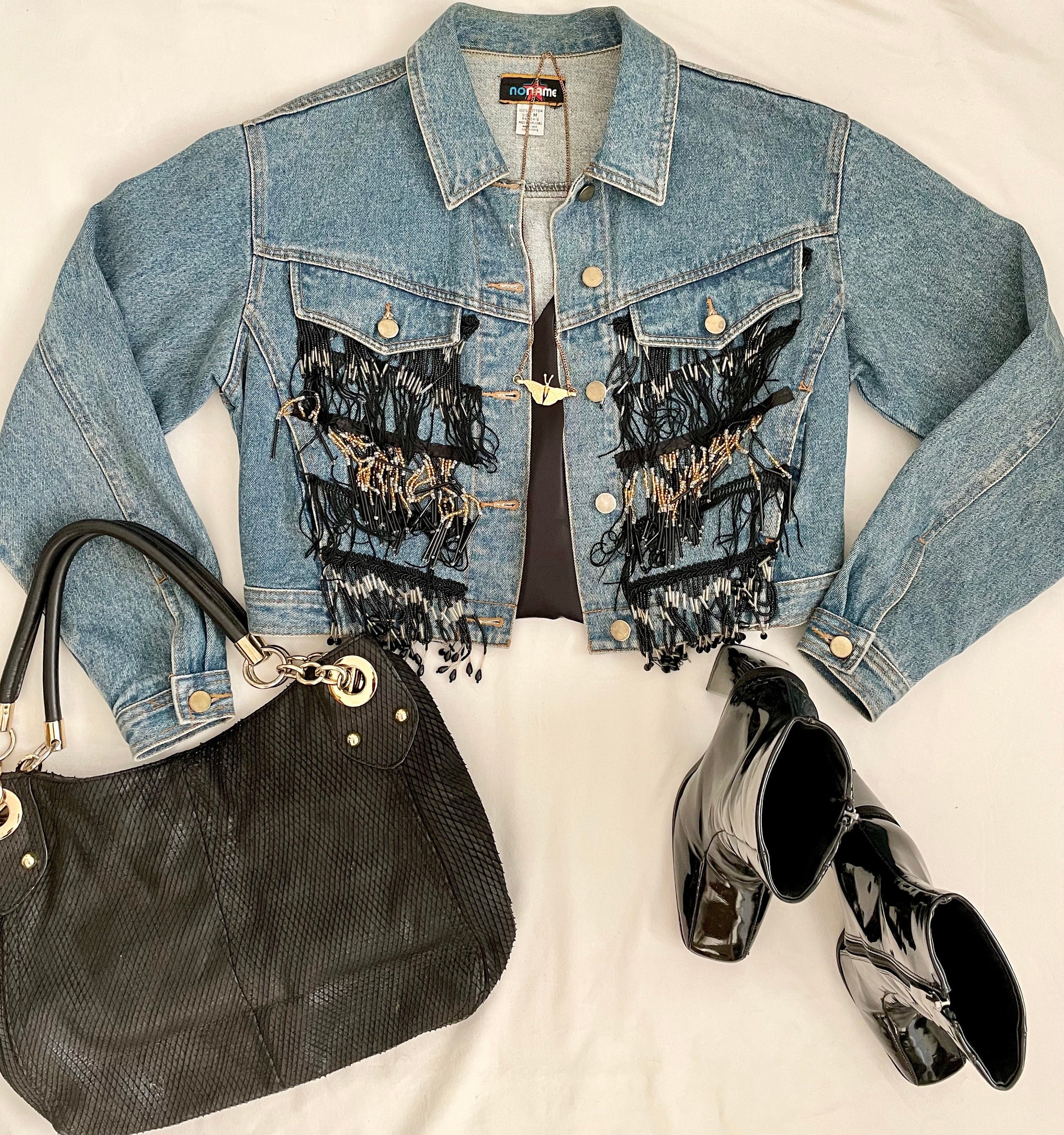 Vintage Cropped Denim Jacket W/ Beaded 