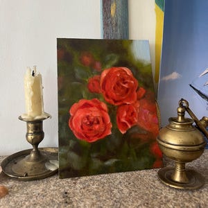 Pintura al óleo original de rosas rojas y anaranjadas – 15 x 20 cm Arte floral – Pintura de rosas pequeñas sobre lienzo