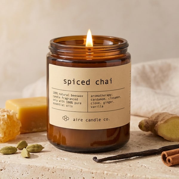 Spiced Chai Beeswax Candle: Essential Oil Scented, Non-Toxic, All Natural
