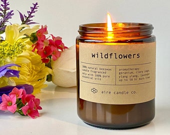 Wildflowers Beeswax Candle | 100% Pure Beeswax & Pure Essential Oils | Non-Toxic Scented Candle | Spring Candle | Amber Glass Jar Candle