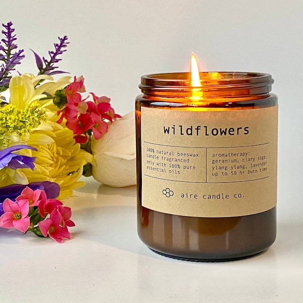 Wildflowers Beeswax Candle | 100% Pure Beeswax & Pure Essential Oils | Non-Toxic Scented Candle | Spring Candle | Amber Glass Jar Candle