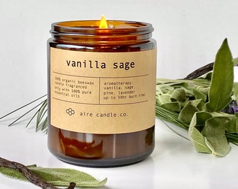Vanilla Sage Beeswax Candle | 100% Pure Beeswax & Pure Essential Oils | Non Toxic Aromatherapy Candle | Amber Jar Candle | Holiday Candle