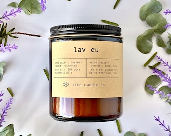 Lav Eu Beeswax Candle | 100% Pure Beeswax & Pure Essential Oils: Lavender Eucalyptus All Natural Candle | Relaxation Aromatherapy Candle