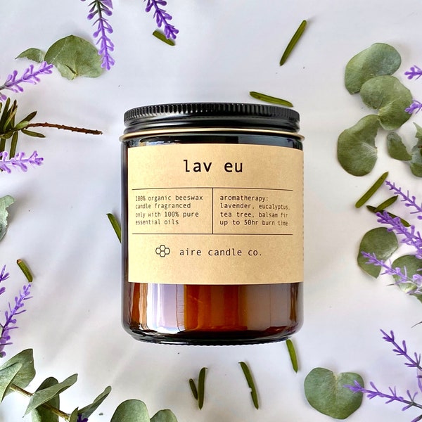 Lav Eu Beeswax Candle | 100% Pure Beeswax & Pure Essential Oils: Lavender Eucalyptus All Natural Candle | Relaxation Aromatherapy Candle