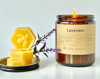 Lavender Beeswax Candle | Only 2 Ingredients: Beeswax & Lavender, Scented Only with 100% Pure Lavender Essential Oil | All Natural Candle